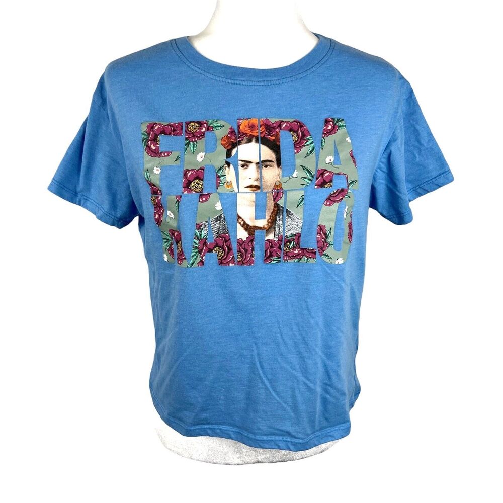Frida Kahlo Shirt Women Small Blue Graphic Floral Spellout Short Sleeve Tee